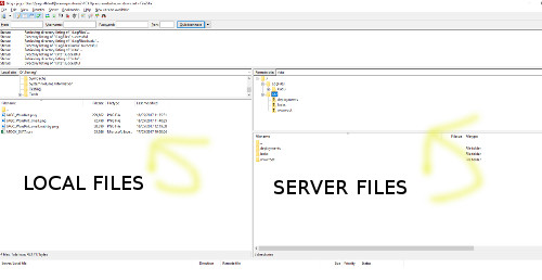 Image of filezilla, showing local and remote areas